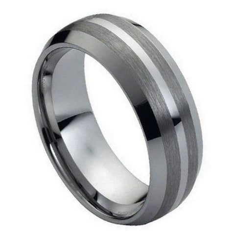 Men's Tungsten Tungsten Ring Brushed Sides with Polished Shiny Center- 8mm Engraved Tungsten Ring