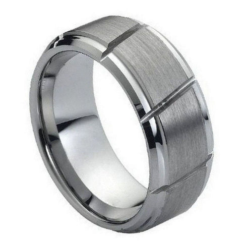 Men's Tungsten Tungsten Ring Multiple Diagonal Grooves Brushed Center- 9mm Engraved Tungsten Ring