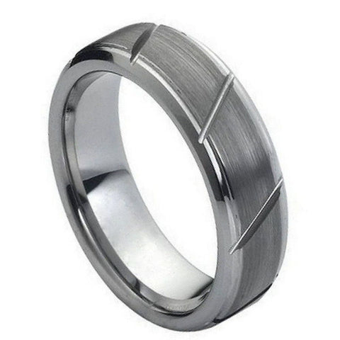 Men's Tungsten Tungsten Ring Multiple Diagonal Grooves Brushed Center Beveled Edge- 7mm Engraved Tungsten Ring