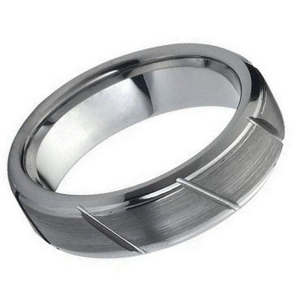 Men's Tungsten Tungsten Ring Multiple Diagonal Grooves Brushed Center Beveled Edge- 7mm Engraved Tungsten Ring