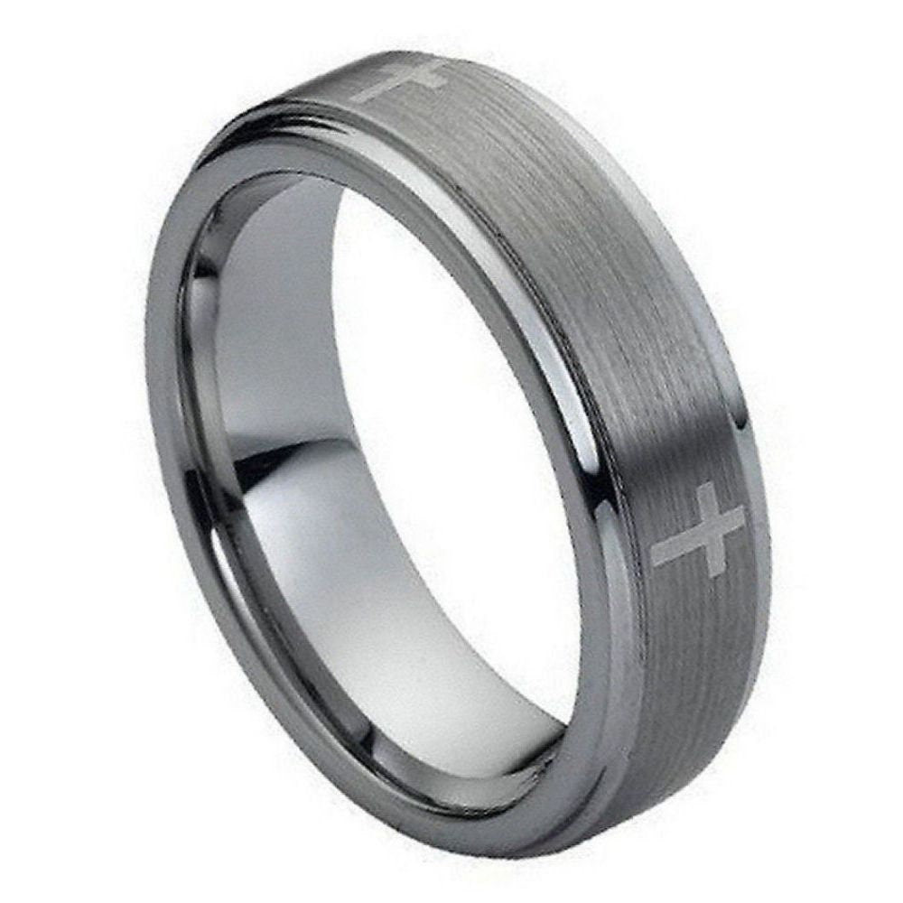 Men's Tungsten Tungsten Ring Flat Brushed Center Laser Crosses- 7mm Engraved Tungsten Ring