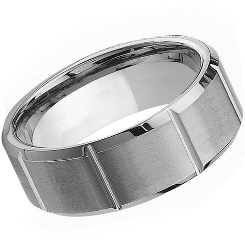 Men's Tungsten Multiple Vertical Grooves Brushed Center- 9mm Engraved Tungsten Ring