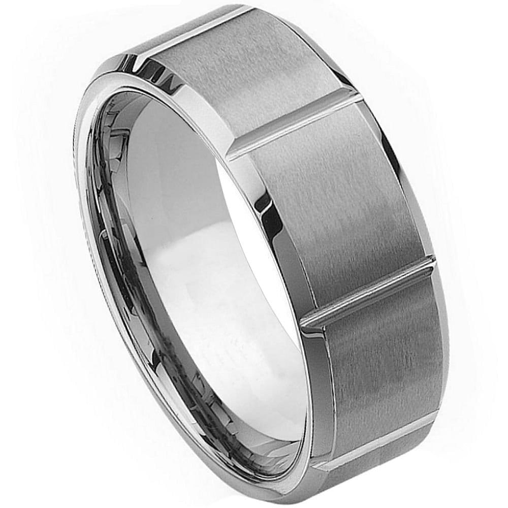 Men's Tungsten Multiple Vertical Grooves Brushed Center- 9mm Engraved Tungsten Ring