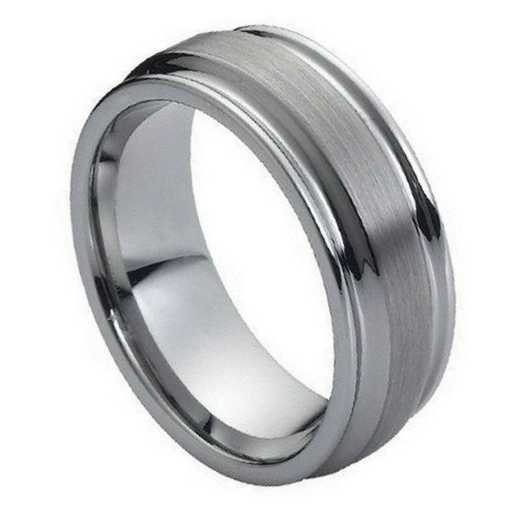 Men's Tungsten Tungsten Ring Flat Brushed Center Polish Ridged Edge- 8mm Engraved Tungsten Ring