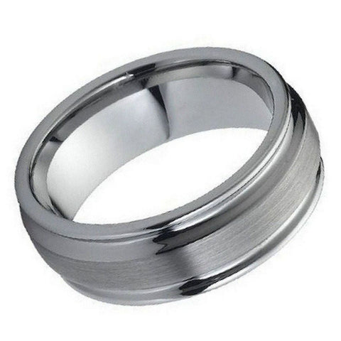 Men's Tungsten Tungsten Ring Flat Brushed Center Polish Ridged Edge- 8mm Engraved Tungsten Ring