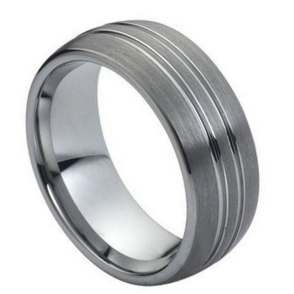 Men's Tungsten High Polished Double Grooves Design Silver- 8mm Engraved Tungsten Ring