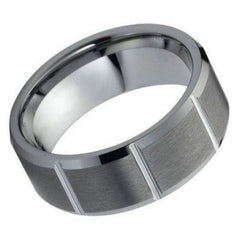 Men's Tungsten Multiple Vertical Grooves Brushed Center Beveled Edge- 8mm Engraved Tungsten Ring