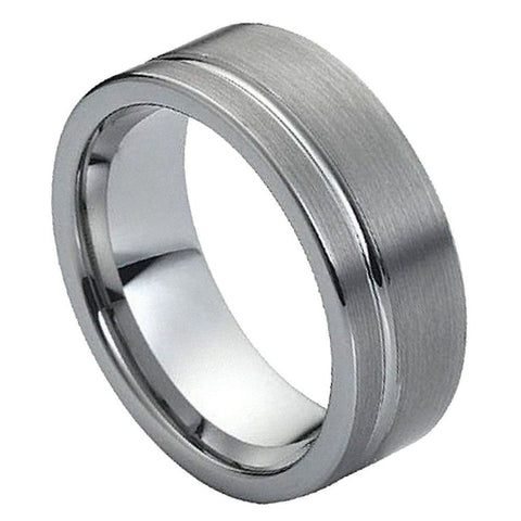 Men's Tungsten Tungsten Ring Pipe Cut Brushed Finish With Polished Shiny Off Center Groove- 8mm Engraved Tungsten Ring