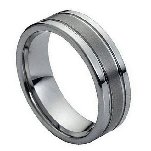 Men's Tungsten Tungsten Ring Polished Shiny Double Grooved Brushed Center- 8mm Engraved Tungsten Ring