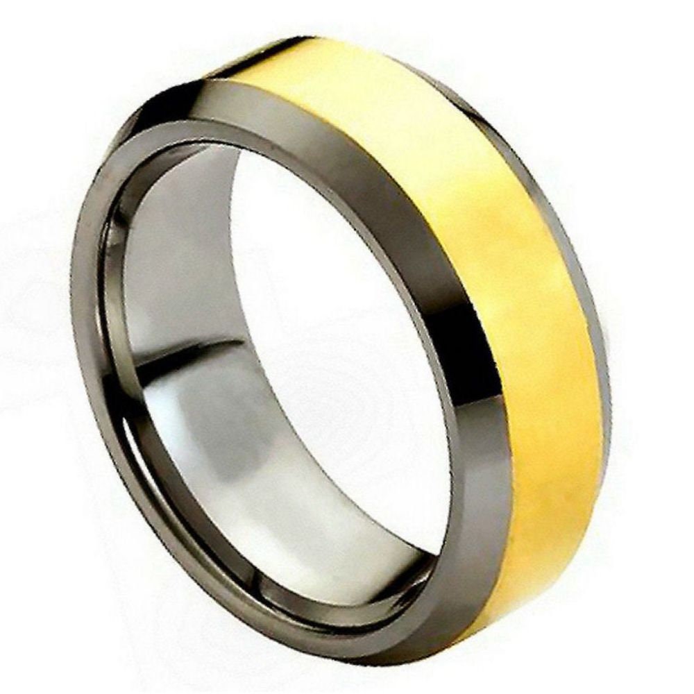 Men's Tungsten Tungsten Ring Polished Shiny Gold Plated Center & Beveled Edge- 8mm Engraved Tungsten Ring