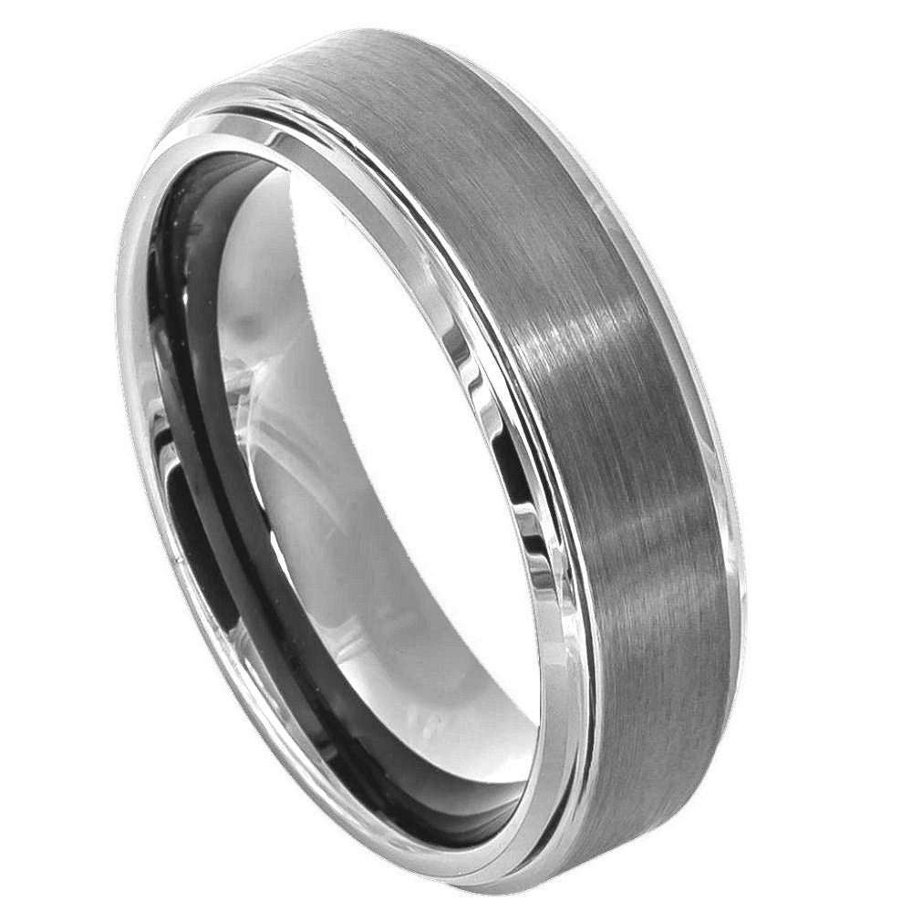 Women's Tungsten Flat Brushed Center Stepped Edge- 6mm Engraved Tungsten Ring