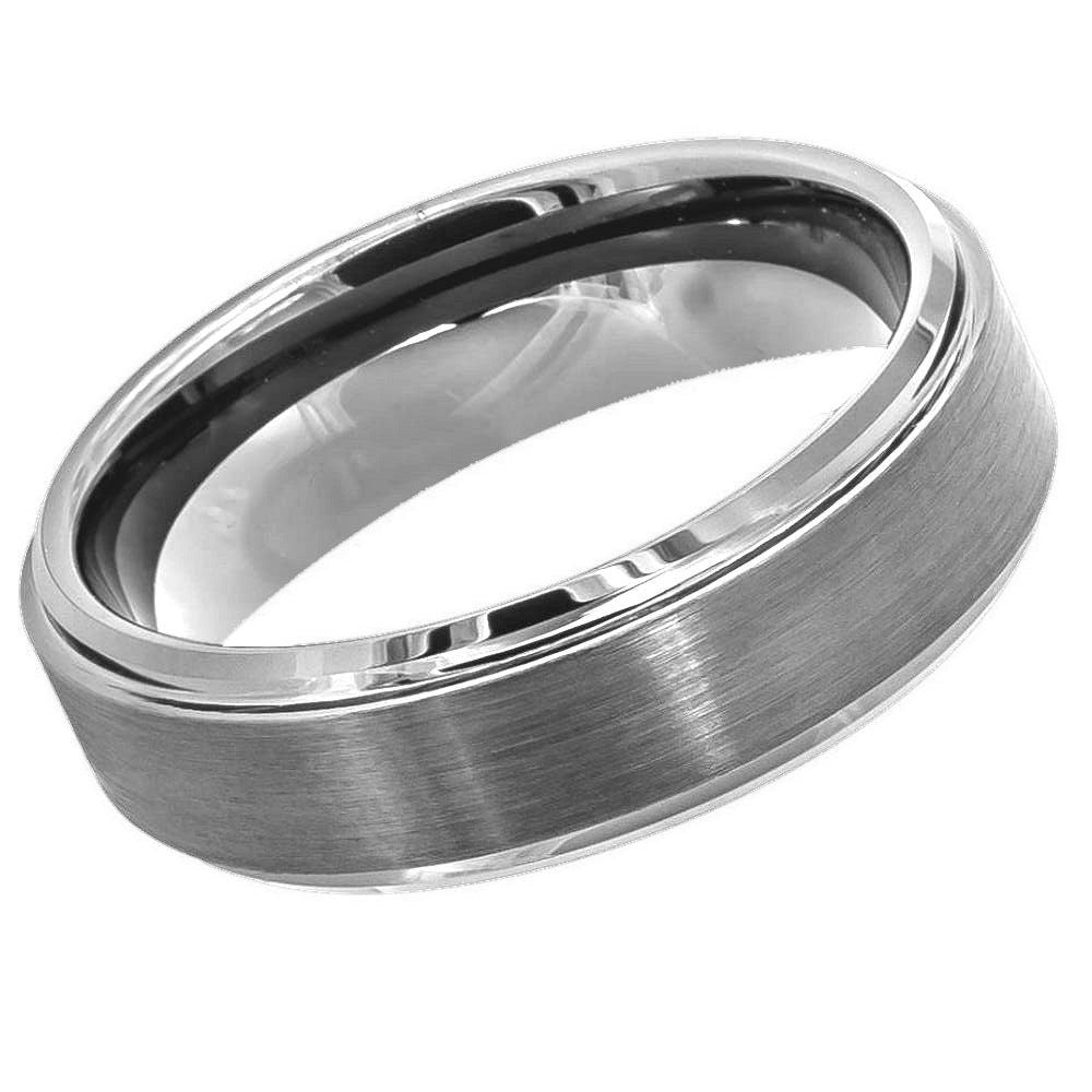 Women's Tungsten Flat Brushed Center Stepped Edge- 6mm Engraved Tungsten Ring