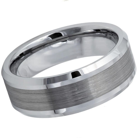 Men's Tungsten Silver Wedding Band With Gray Brushed Center Notche in Beveled Edges- 8mm Engraved Tungsten Ring