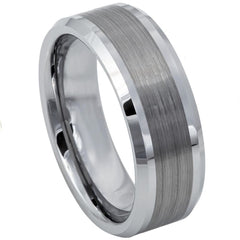 Men's Tungsten Silver Wedding Band With Gray Brushed Center Notche in Beveled Edges- 8mm Engraved Tungsten Ring