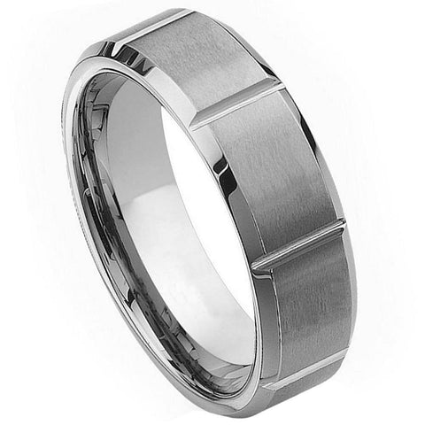 Men's Tungsten Multiple Vertical Grooves Brushed Center- 7mm Engraved Tungsten Ring