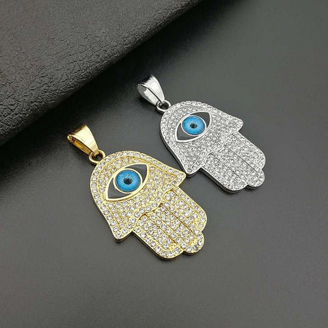 Hand Palm inside Evil Eye Charms in 14K Yellow Gold and Silver Rhodium, Evil Eye Charms