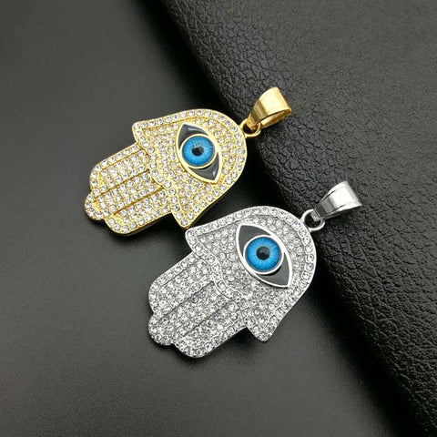 Hand Palm inside Evil Eye Charms in 14K Yellow Gold and Silver Rhodium, Evil Eye Charms