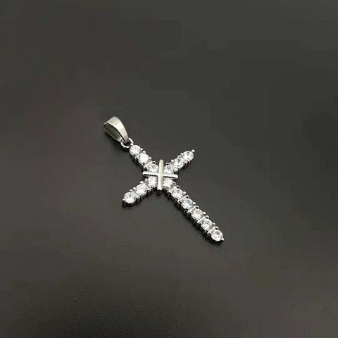 Christian Cross 14K Yellow Gold and Silver Rhodium Plated Charm with Stones, 14K Gold and Silver Cross Pendant.