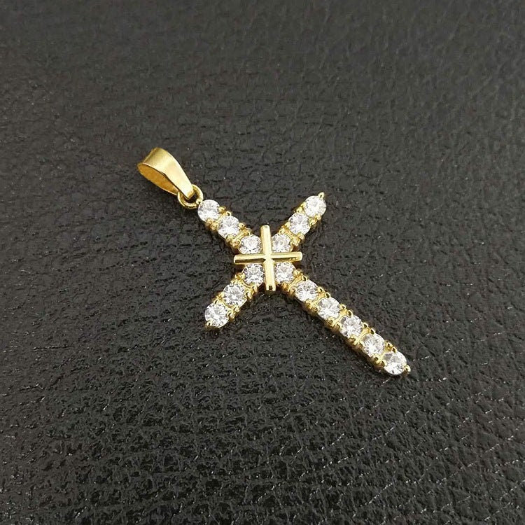 Christian Cross 14K Yellow Gold and Silver Rhodium Plated Charm with Stones, 14K Gold and Silver Cross Pendant.