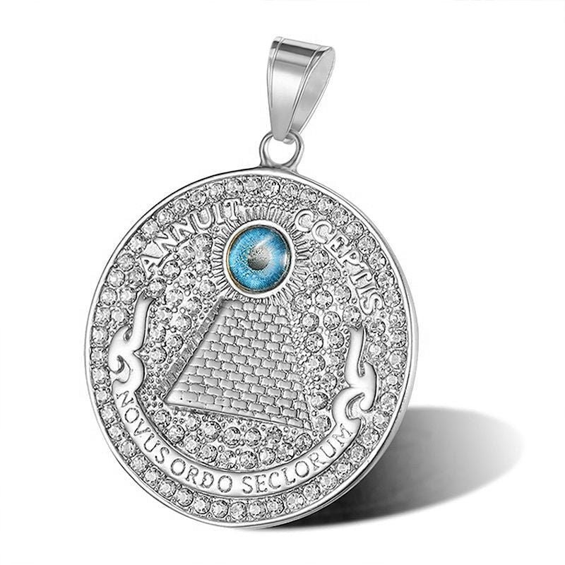 Circle Egyptian Pyramid inside Evil Eye 14K Yellow Gold and Silver Rhodium, Pyramid and Evil Eye Charms