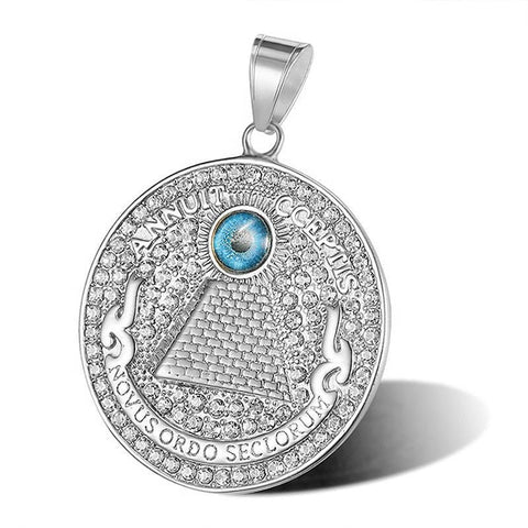 Circle Egyptian Pyramid inside Evil Eye 14K Yellow Gold and Silver Rhodium, Pyramid and Evil Eye Charms