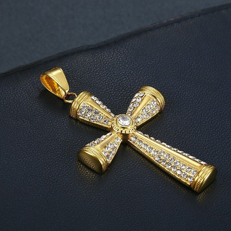 Christian Cross 14K Yellow Gold and Silver Rhodium Plated Charm with Shimmering Stones, 14K Gold and Silver Cross Pendant.