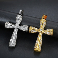 Christian Cross 14K Yellow Gold and Silver Rhodium Plated Charm with Shimmering Stones, 14K Gold and Silver Cross Pendant.