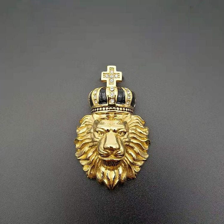 Leo Steel Crown 14K Yellow Gold Plated Charm with Cross and Stones, Lion King Crown Charm with CZ Stones.