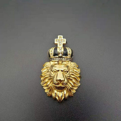 Leo Steel Crown 14K Yellow Gold Plated Charm with Cross and Stones, Lion King Crown Charm with CZ Stones.