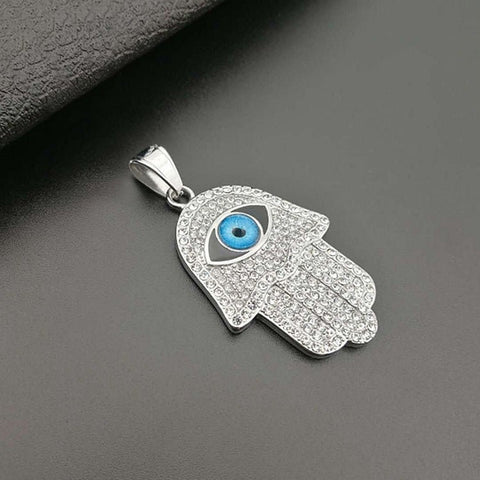 Hand Palm inside Evil Eye Charms in 14K Yellow Gold and Silver Rhodium, Evil Eye Charms