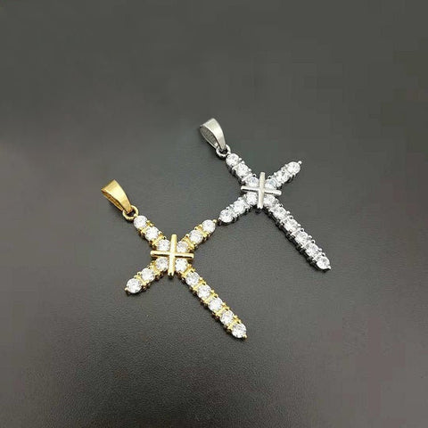 Christian Cross 14K Yellow Gold and Silver Rhodium Plated Charm with Stones, 14K Gold and Silver Cross Pendant.