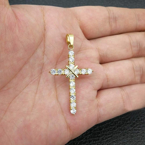 Christian Cross 14K Yellow Gold and Silver Rhodium Plated Charm with Stones, 14K Gold and Silver Cross Pendant.