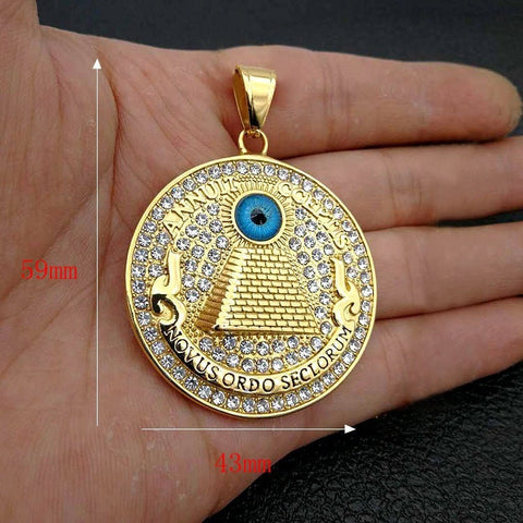 Circle Egyptian Pyramid inside Evil Eye 14K Yellow Gold and Silver Rhodium, Pyramid and Evil Eye Charms