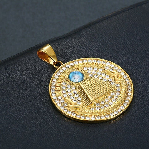 Circle Egyptian Pyramid inside Evil Eye 14K Yellow Gold and Silver Rhodium, Pyramid and Evil Eye Charms