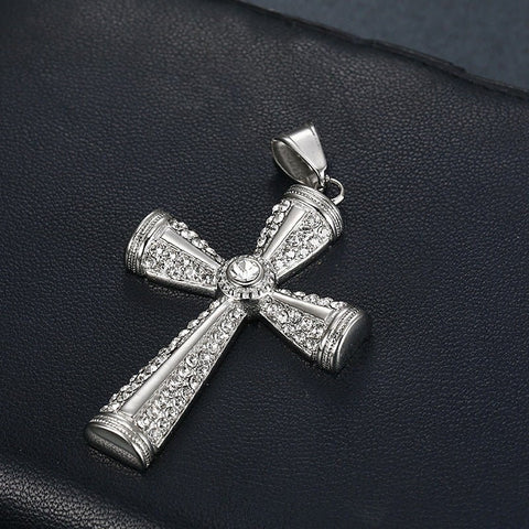 Christian Cross 14K Yellow Gold and Silver Rhodium Plated Charm with Shimmering Stones, 14K Gold and Silver Cross Pendant.