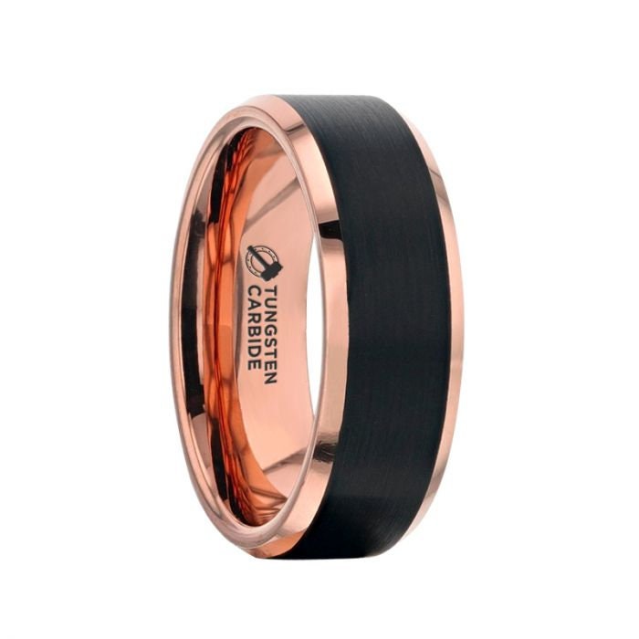 HAYDEN Rose Gold Plated Tungsten Polished Beveled Ring with Brushed Black Center - 6mm 8mm, Men's Wedding Ring, Promise Ring.