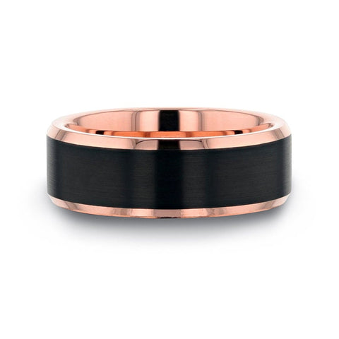 HAYDEN Rose Gold Plated Tungsten Polished Beveled Ring with Brushed Black Center - 6mm 8mm, Men's Wedding Ring, Promise Ring.