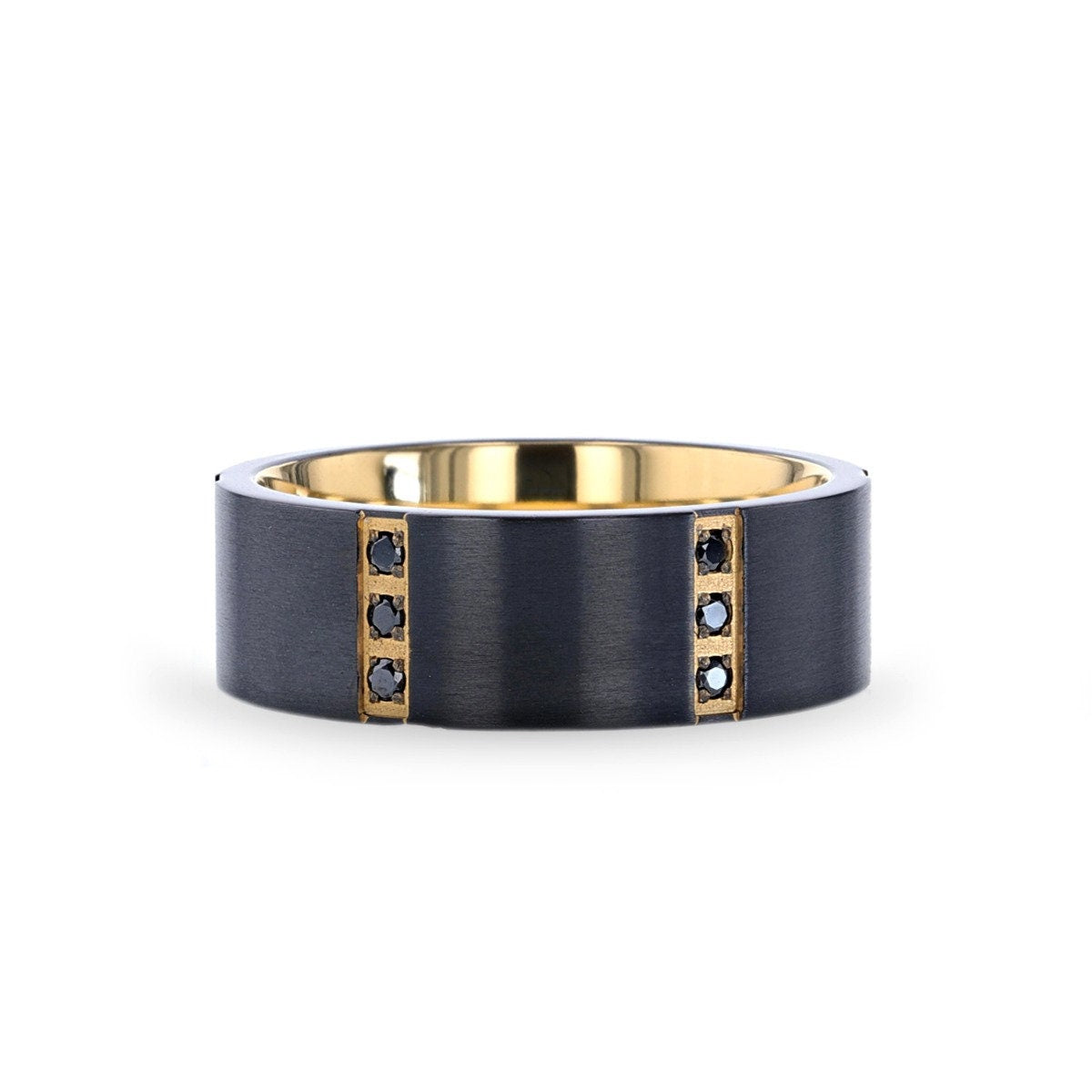 Famous Sword Smith Flat Brushed Black Titanium Ring Gold Plated Inside with 6 Gold Plated Stainless Steel Bezels Triple Black Diamond 8mm