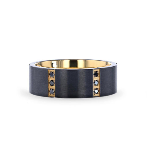 Famous Sword Smith Flat Brushed Black Titanium Ring Gold Plated Inside with 6 Gold Plated Stainless Steel Bezels Triple Black Diamond 8mm