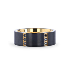 Famous Sword Smith Flat Brushed Black Titanium Ring Gold Plated Inside with 6 Gold Plated Stainless Steel Bezels Triple Black Diamond 8mm