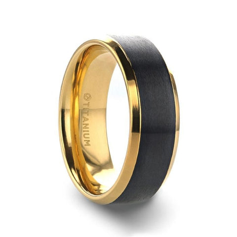 BEAUMONT Gold Plated Titanium Polished Beveled Ring with Brushed Black Center - 8mm Wedding Rings for Men, Promise Rings, Engagement Rings