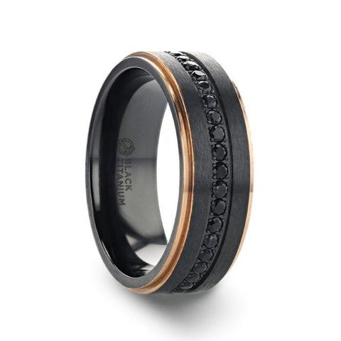 ASTRO Flat Brushed Black Titanium Ring with Rose Gold Plated Edge and Black Sapphire Settings all around - 8mm Wedding Rings for Men.