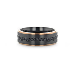 ASTRO Flat Brushed Black Titanium Ring with Rose Gold Plated Edge and Black Sapphire Settings all around - 8mm Wedding Rings for Men.