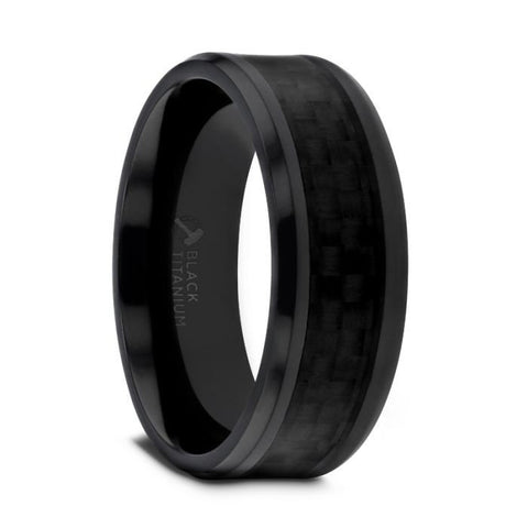 OXYN Black Titanium Polished Beveled Edges Black Carbon Fiber Inlaid Mens Wedding Band - 6mm & 8mm Wedding Rings for Men.