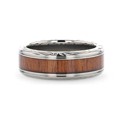 OHANA Koa Wood Inlaid Titanium Mens Wedding Ring with Intricate Edges - 6mm - 10mm Wedding Rings for Men, Promise Rings