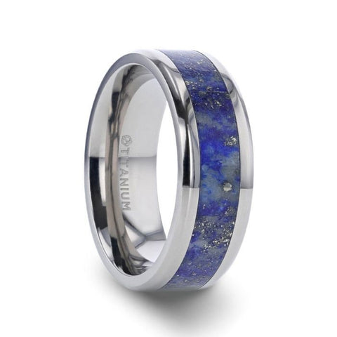 MALONE Men's Titanium Wedding Ring with Blue Lapis Inlay & Beveled Edges - 8 mm Wedding Rings for Men, Promise Rings