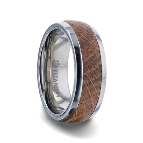 STAVE Whiskey Barrel Inlaid Titanium Men's Wedding Ring With Domed Polished Edges Made From Genuine Whiskey Barrels Used By Jack Daniel's