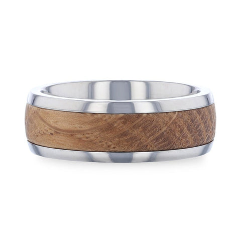 STAVE Whiskey Barrel Inlaid Titanium Men's Wedding Ring With Domed Polished Edges Made From Genuine Whiskey Barrels Used By Jack Daniel's