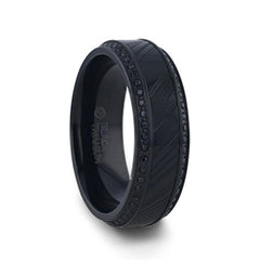 TROPHY Black Damascus Steel Inlaid Polished Black Titanium Men's Wedding Band With Black Sapphire Beveled Edges - 8mm Rings, Wedding Rings