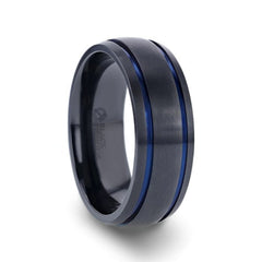 SHERIFF Domed Black Titanium Brushed Finish Mens Wedding Ring with Blue Grooves – 8mm Rings, Wedding Rings, Promise and Engagement Rings.